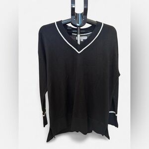 LOFT Black V-Neck Sweater with White Accents